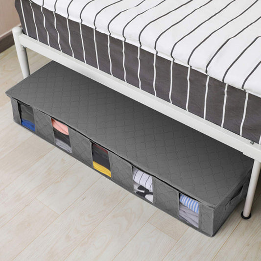 Under bed storage container that has five compartments.  Each compartment has a viewing window.  It is made out of high quality, durable fabric with reinforced handles.